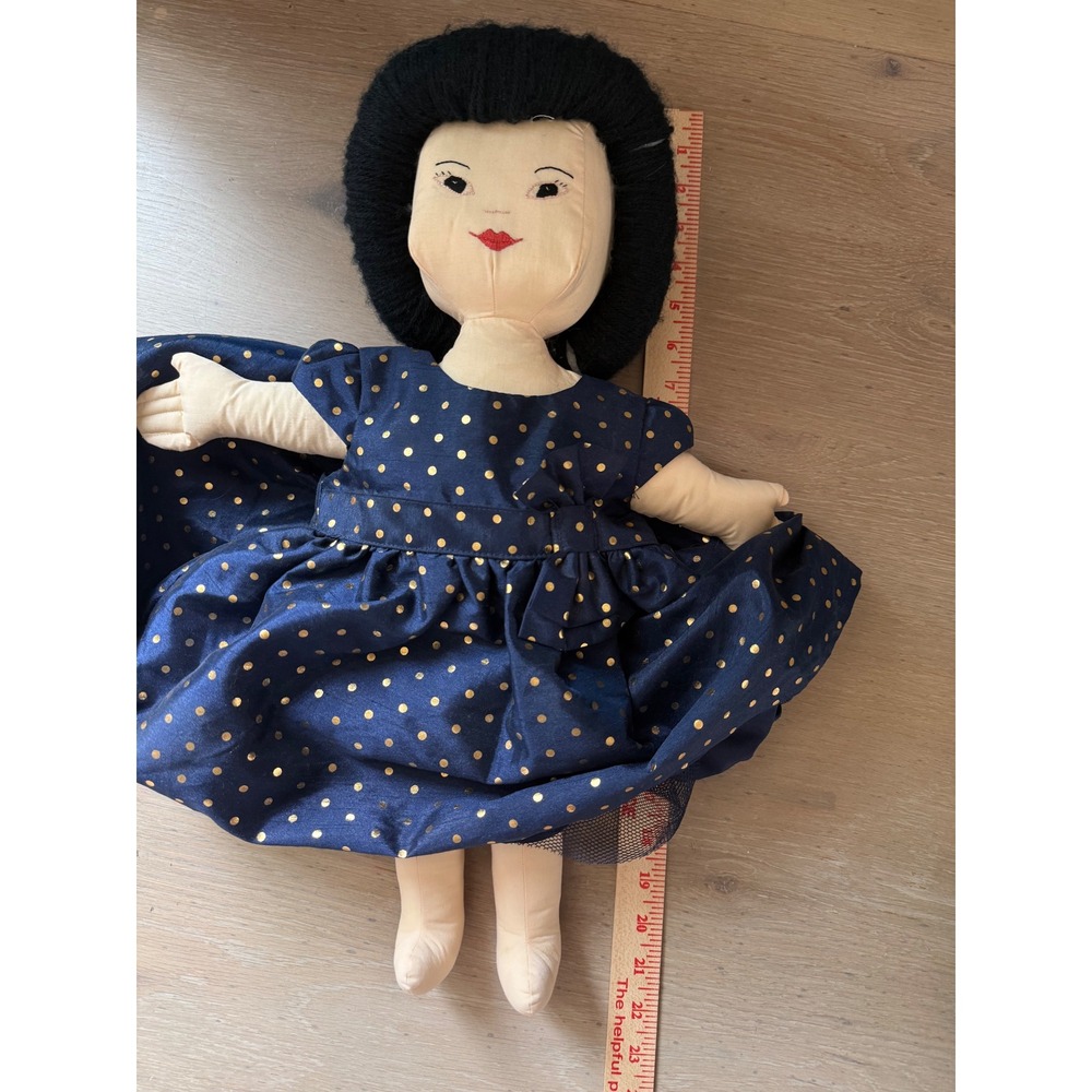 Handmade Cloth Rag Doll Navy Blue Gold Polka Dot Dress Embroidered Face 22 Inch